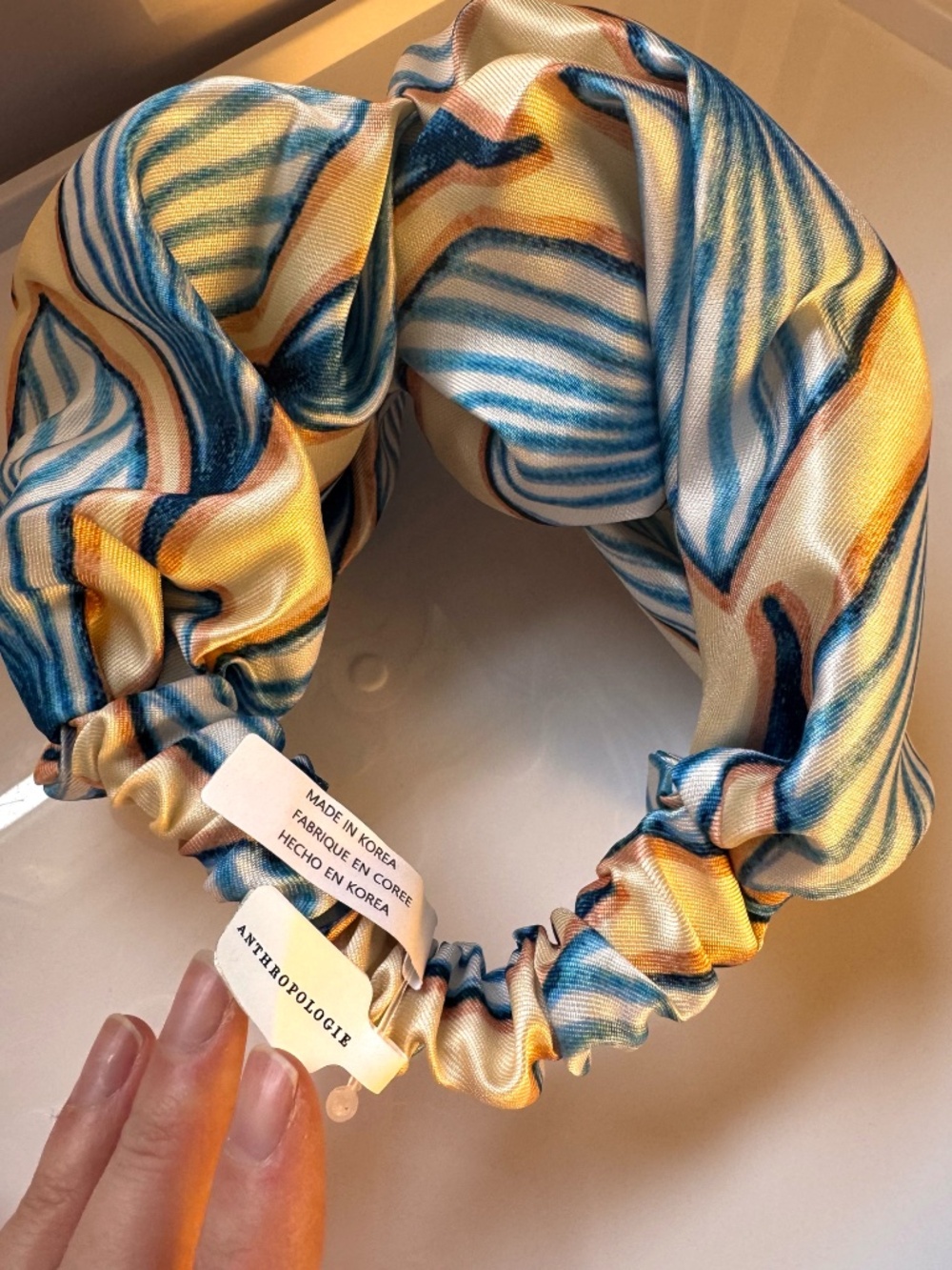 Anthro Twisted Turban Headband Blue Peach Shell Print Coastal Beachy NWT